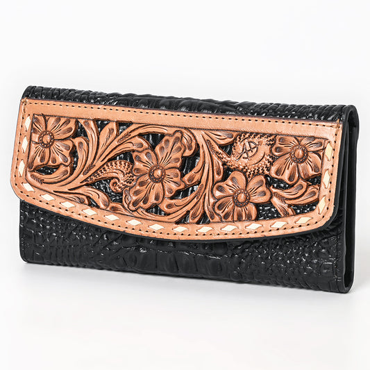 ADBG1745 Tooled Leather Floral Wallet Black Croc Embossed Base with Tan Hand-Carved Overlay