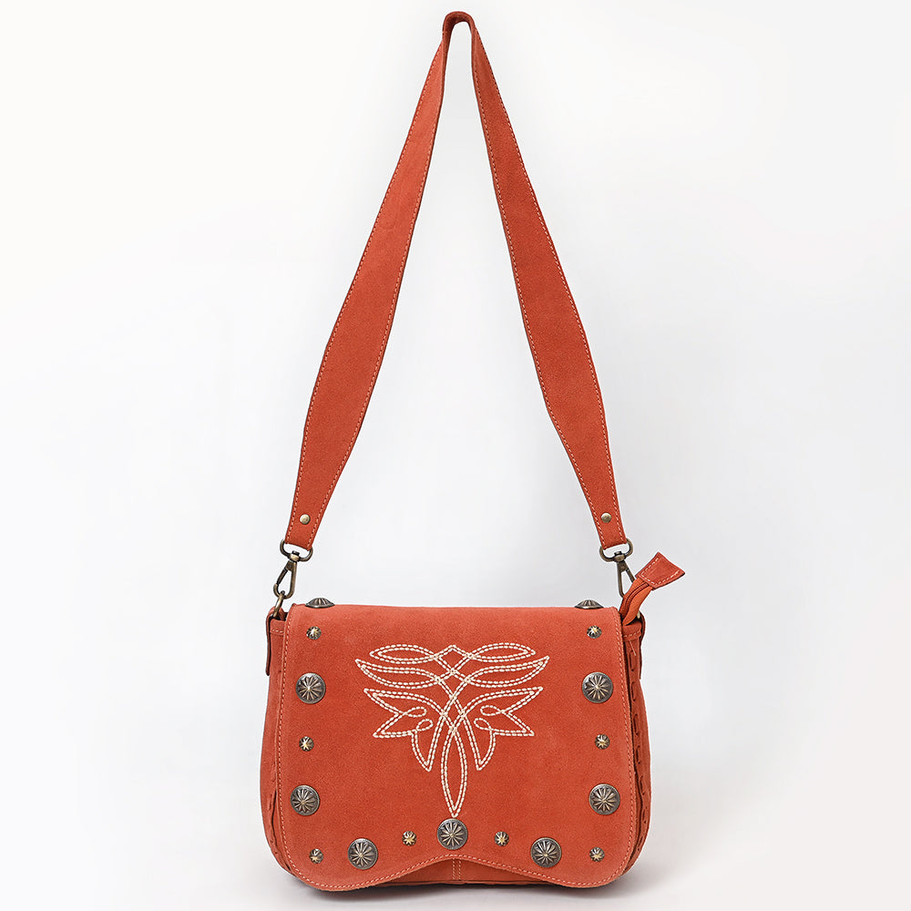 ADBGA804 Western Rust Genuine suede Crossbody Bag with White Stitching and Concho Accents