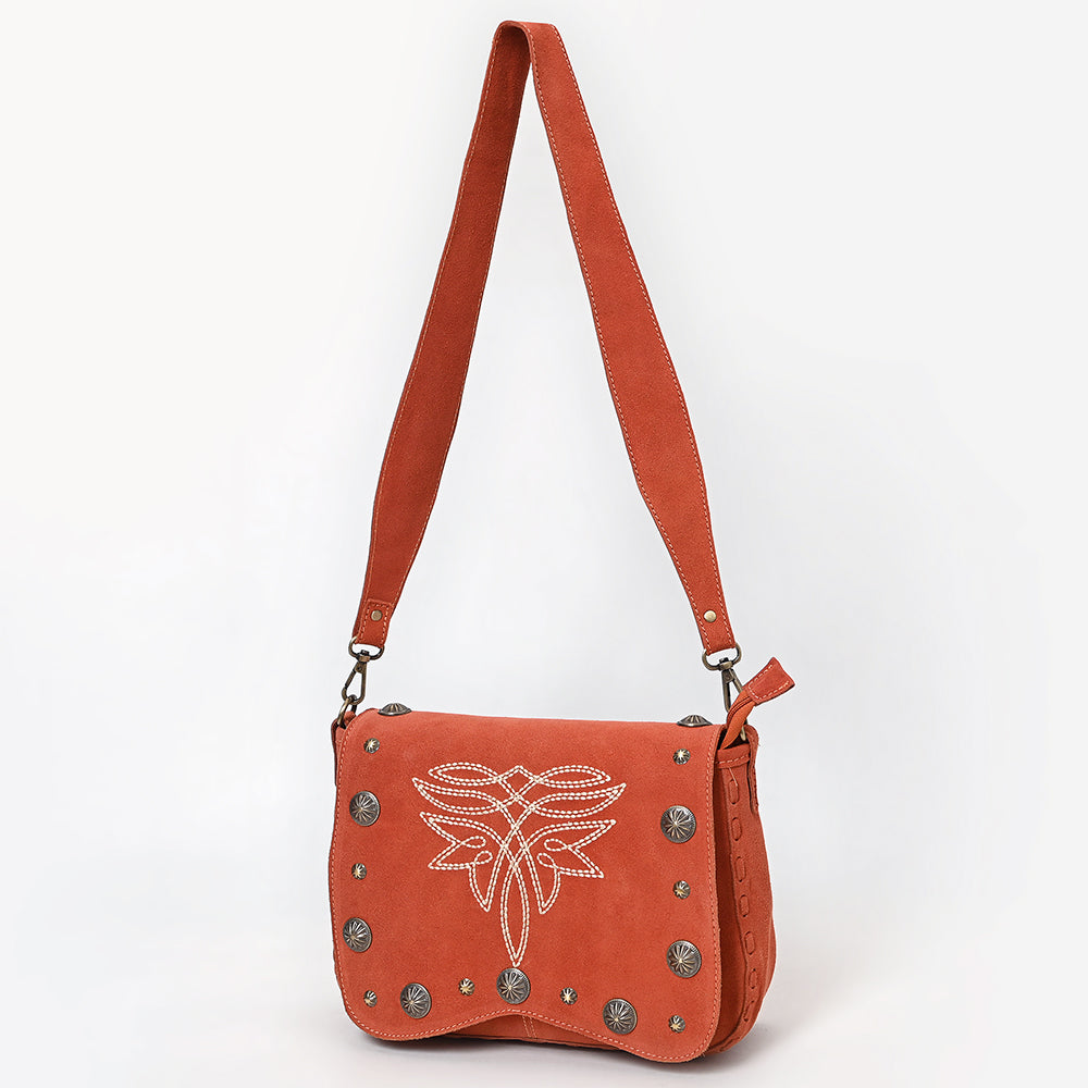 ADBGA804 Western Rust Genuine suede Crossbody Bag with White Stitching and Concho Accents