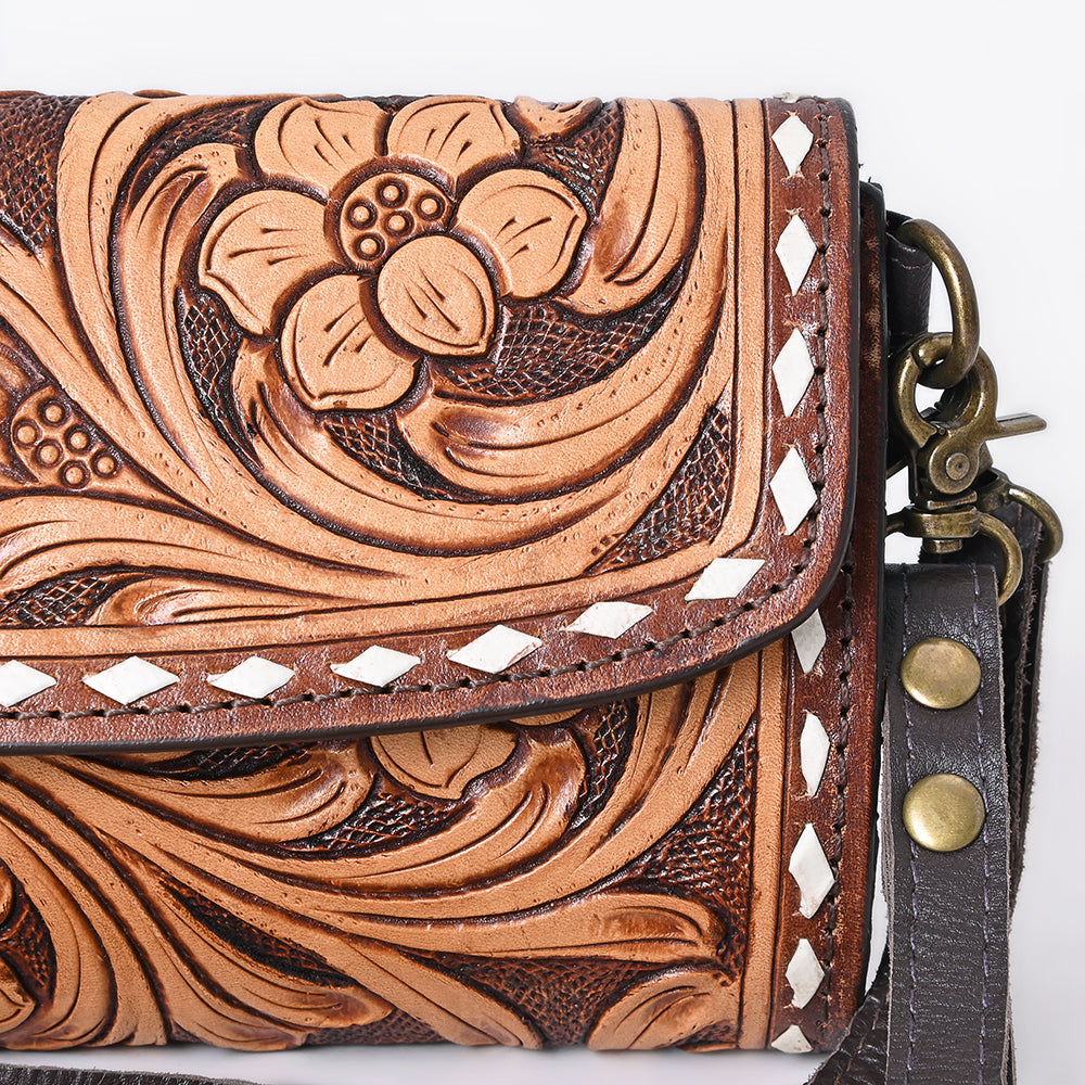 ADBGA808 Tooled Leather Floral Clutch Crossbody - Western Hand-Carved Convertible Purse