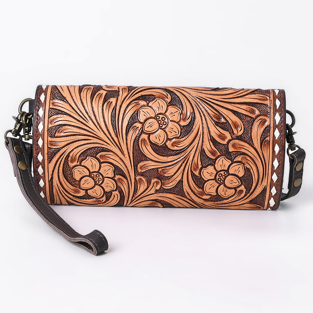 ADBGA808 Tooled Leather Floral Clutch Crossbody - Western Hand-Carved Convertible Purse