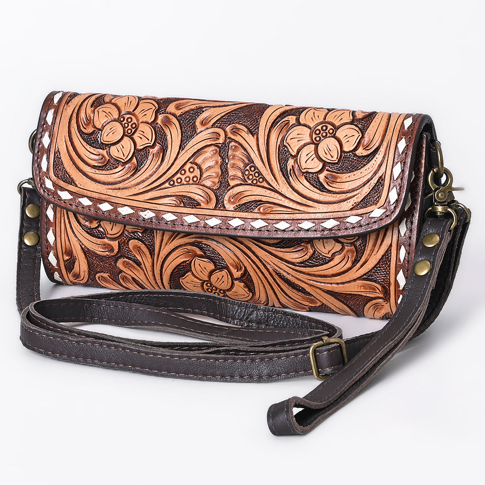 ADBGA808 Tooled Leather Floral Clutch Crossbody - Western Hand-Carved Convertible Purse