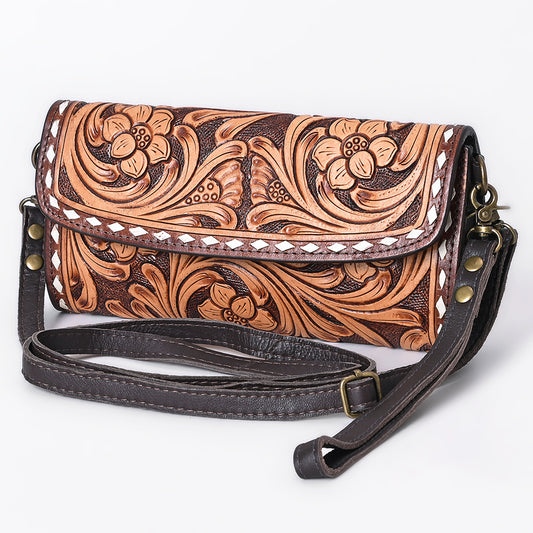 ADBGA808 Tooled Leather Floral Clutch Crossbody - Western Hand-Carved Convertible Purse