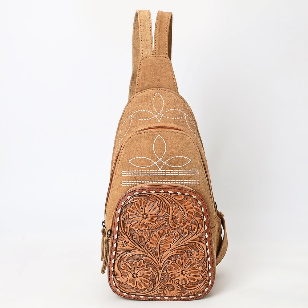 ADBG1573 American Darling Genuine Suede Leather Sling Bag with Hand Tooled Floral Front & Buck Stitch Details