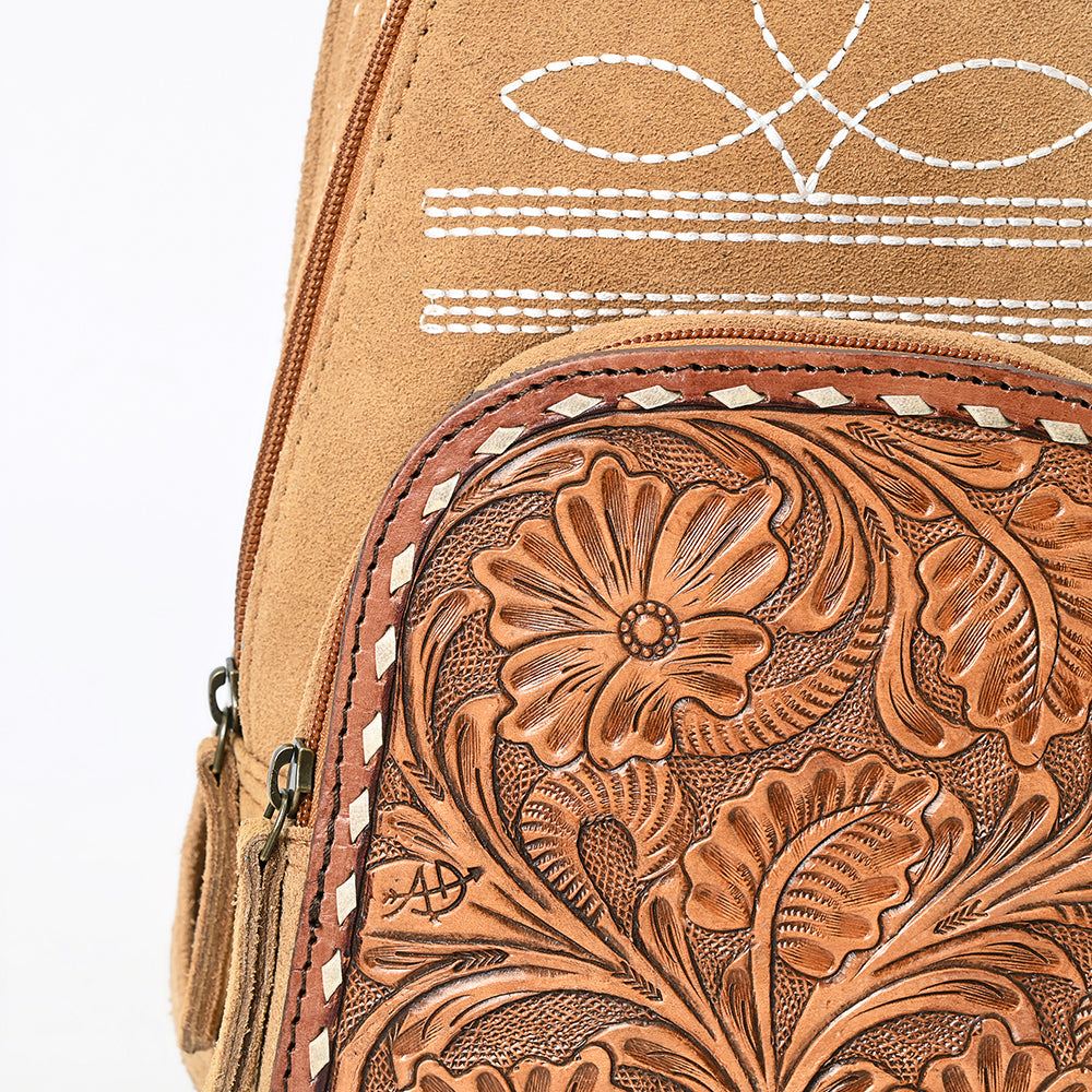 ADBG1573 American Darling Genuine Suede Leather Sling Bag with Hand Tooled Floral Front & Buck Stitch Details