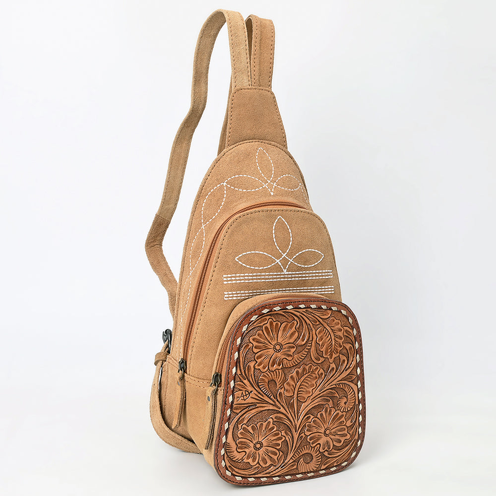 ADBG1573 American Darling Genuine Suede Leather Sling Bag with Hand Tooled Floral Front & Buck Stitch Details
