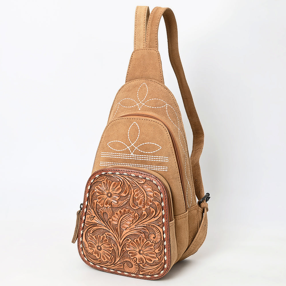 ADBG1573 American Darling Genuine Suede Leather Sling Bag with Hand Tooled Floral Front & Buck Stitch Details