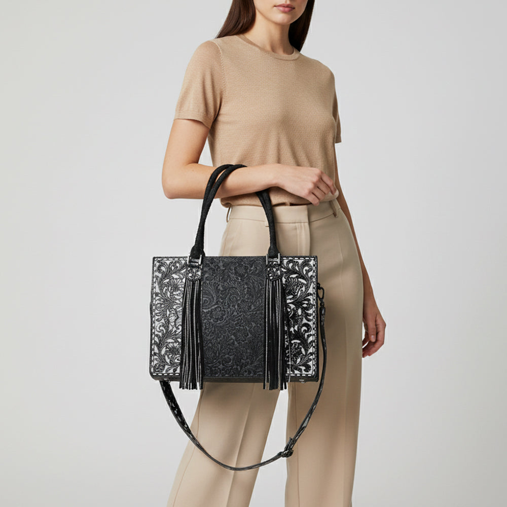 ADBG1753 Black Tooled Leather Tote Bag with Silver Floral Design & Fringe Accents