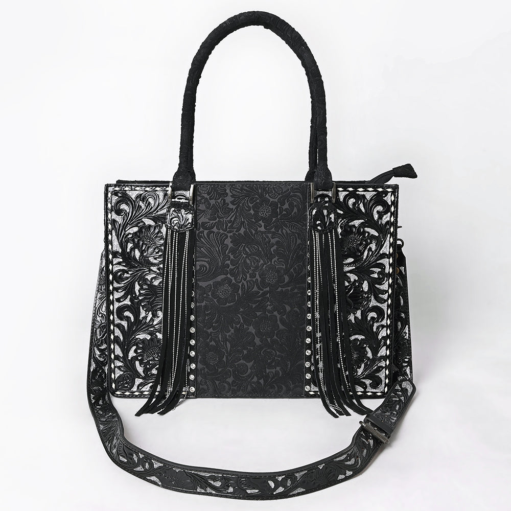 ADBG1753 Black Tooled Leather Tote Bag with Silver Floral Design & Fringe Accents