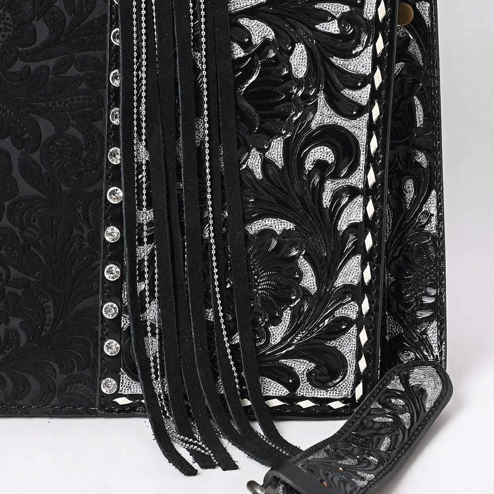 ADBG1753 Black Tooled Leather Tote Bag with Silver Floral Design & Fringe Accents