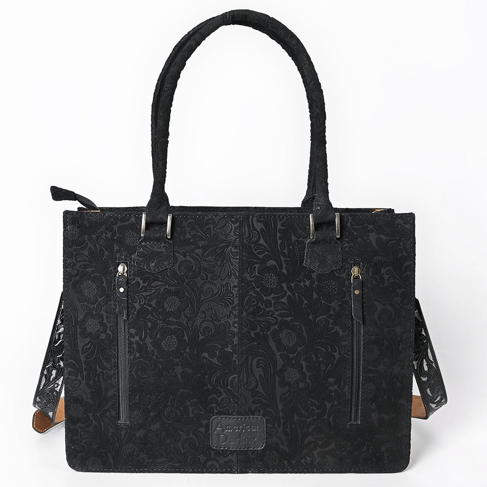 ADBG1753 Black Tooled Leather Tote Bag with Silver Floral Design & Fringe Accents