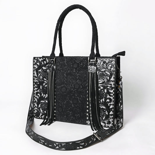 ADBG1753 Black Tooled Leather Tote Bag with Silver Floral Design & Fringe Accents