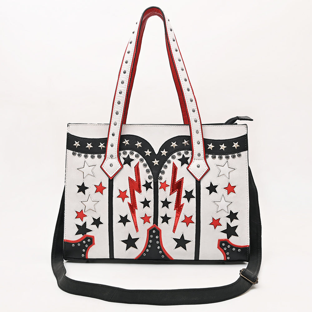 ADBG1757 White Western Boot-Inspired Tote Bag with Lightning Bolts & Star Accents