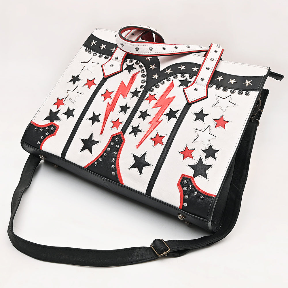 ADBG1757 White Western Boot-Inspired Tote Bag with Lightning Bolts & Star Accents