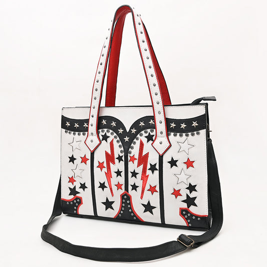 ADBG1757 White Western Boot-Inspired Tote Bag with Lightning Bolts & Star Accents