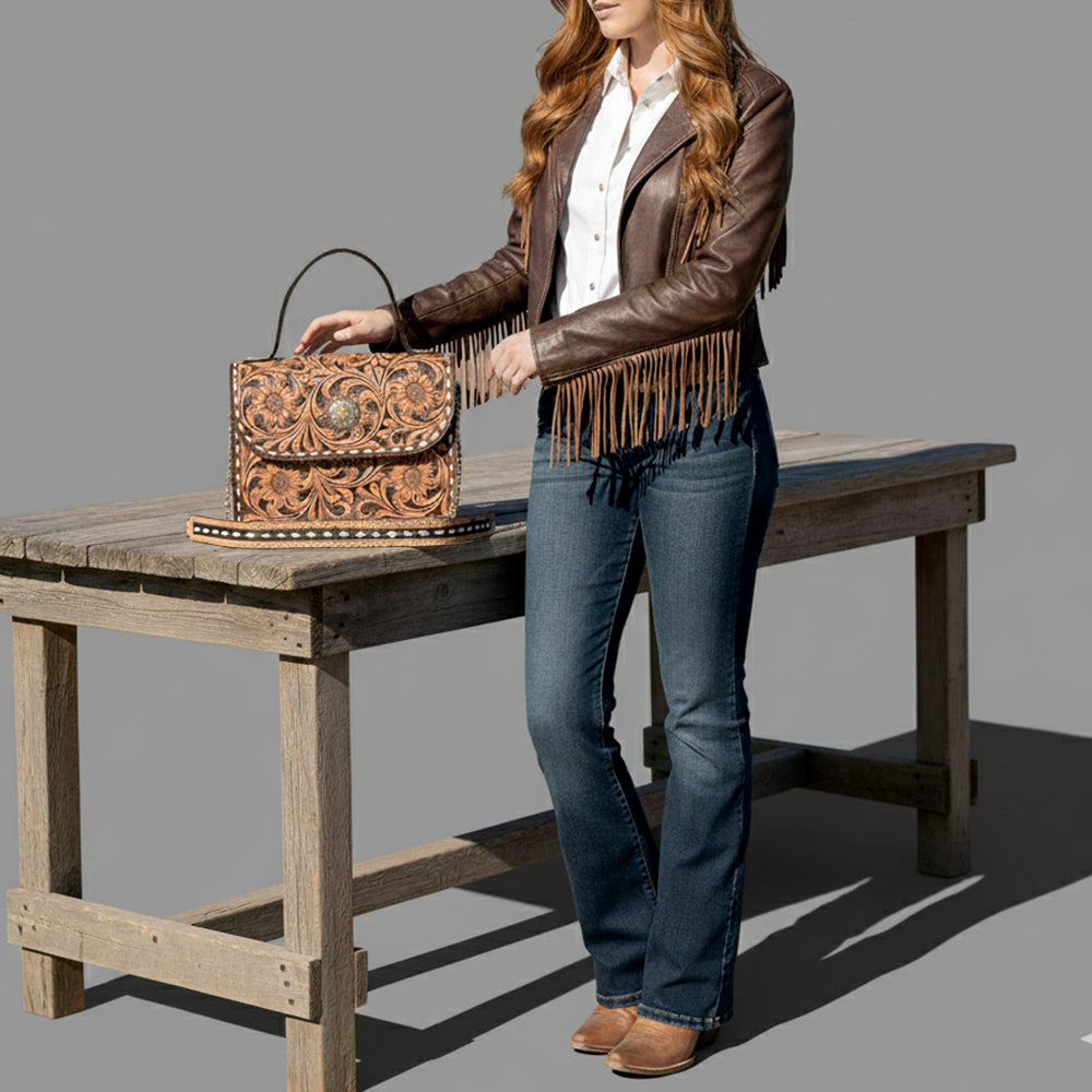 ADBGA822 Tooled Leather Sunflower Handbag - Western Floral Purse with Top Handle & Chain Strap