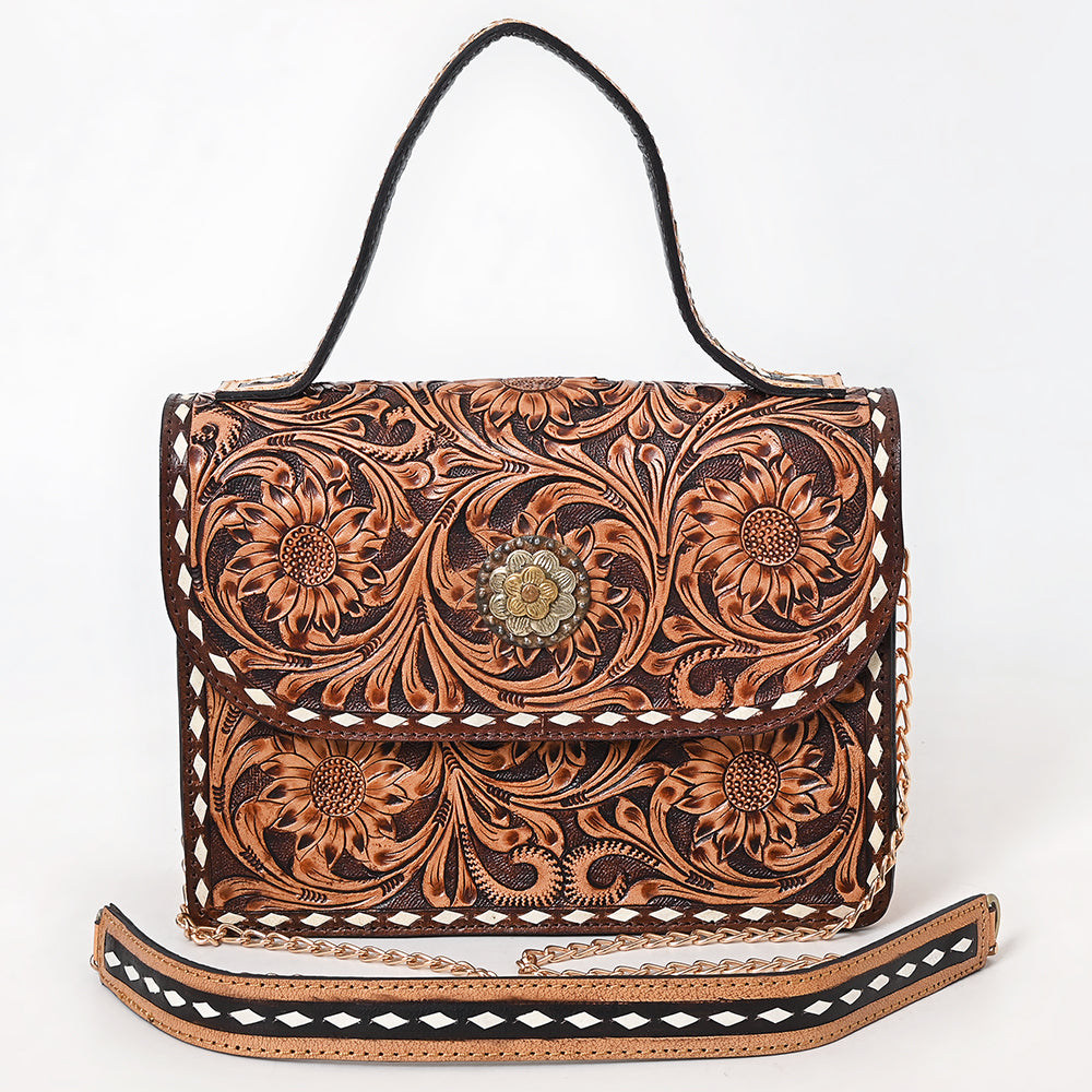ADBGA822 Tooled Leather Sunflower Handbag - Western Floral Purse with Top Handle & Chain Strap