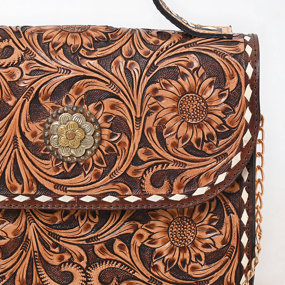 ADBGA822 Tooled Leather Sunflower Handbag - Western Floral Purse with Top Handle & Chain Strap