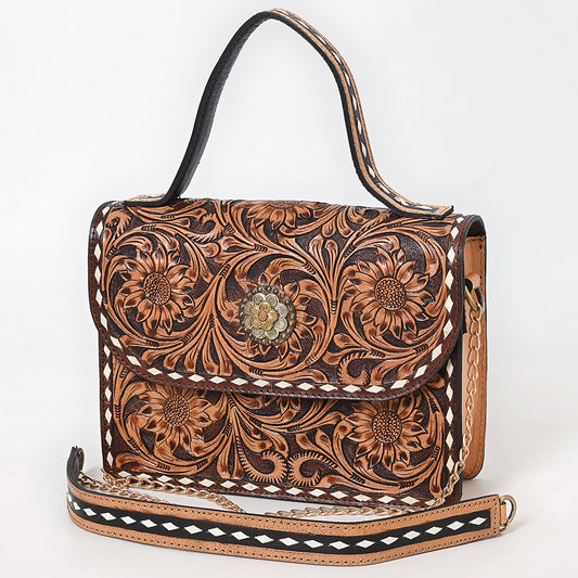 ADBGA822 Tooled Leather Sunflower Handbag - Western Floral Purse with Top Handle & Chain Strap
