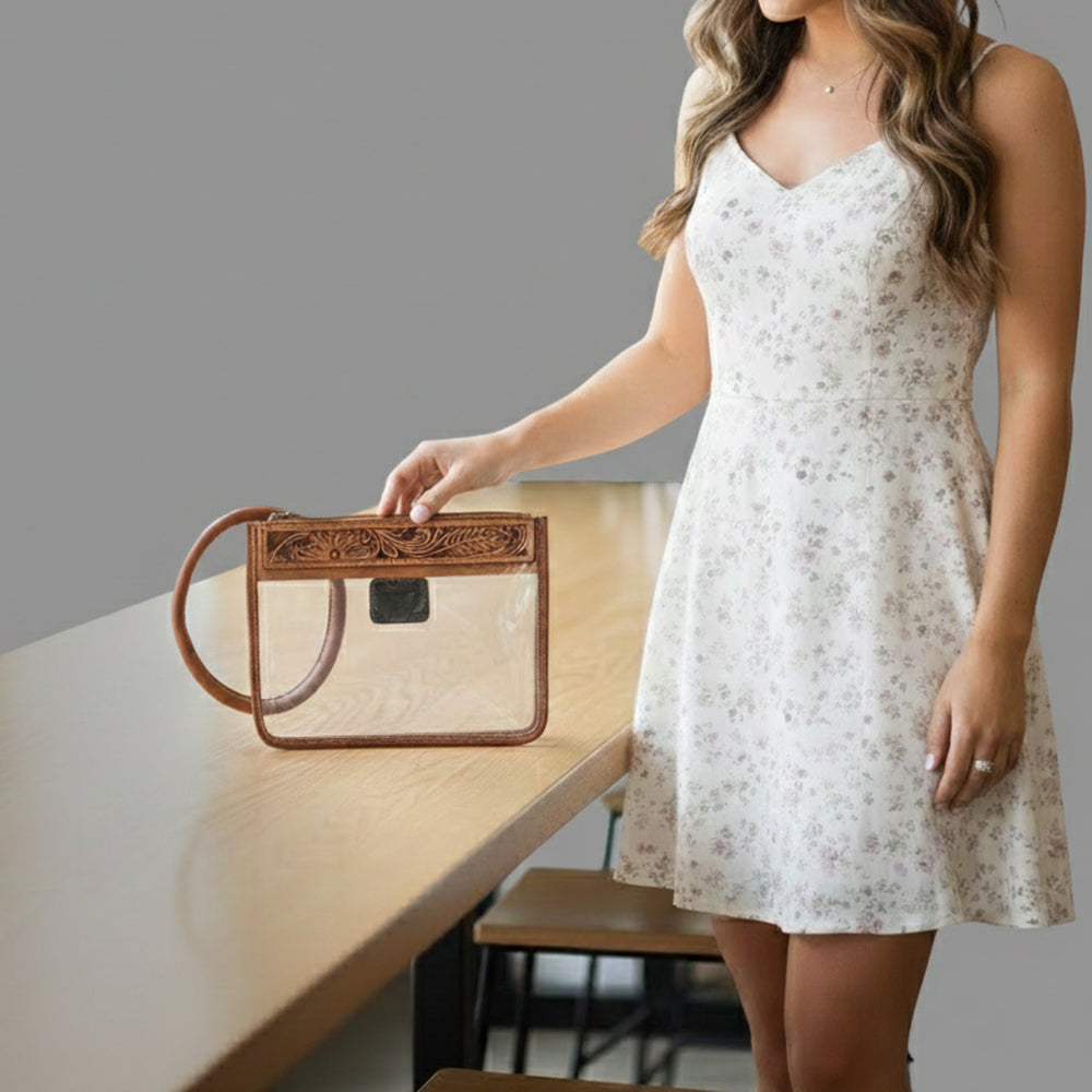 ADBG1762 Clear Stadium-Approved Western Wristlet with Tooled Leather Trim American Darling Game Day Bag