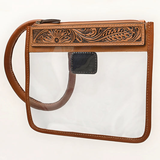 ADBG1762 Clear Stadium-Approved Western Wristlet with Tooled Leather Trim American Darling Game Day Bag