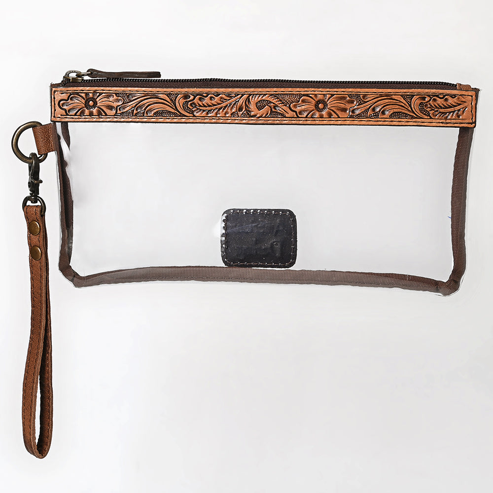 ADBG1763 Clear Wristlet Stadium Bag with Tooled Leather Trim Western Game Day Purse by American Darling
