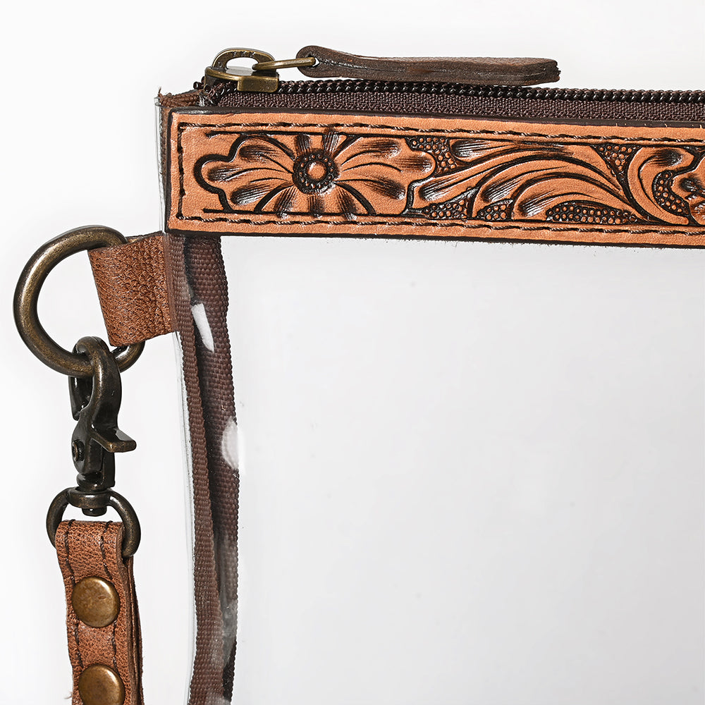 ADBG1763 Clear Wristlet Stadium Bag with Tooled Leather Trim Western Game Day Purse by American Darling