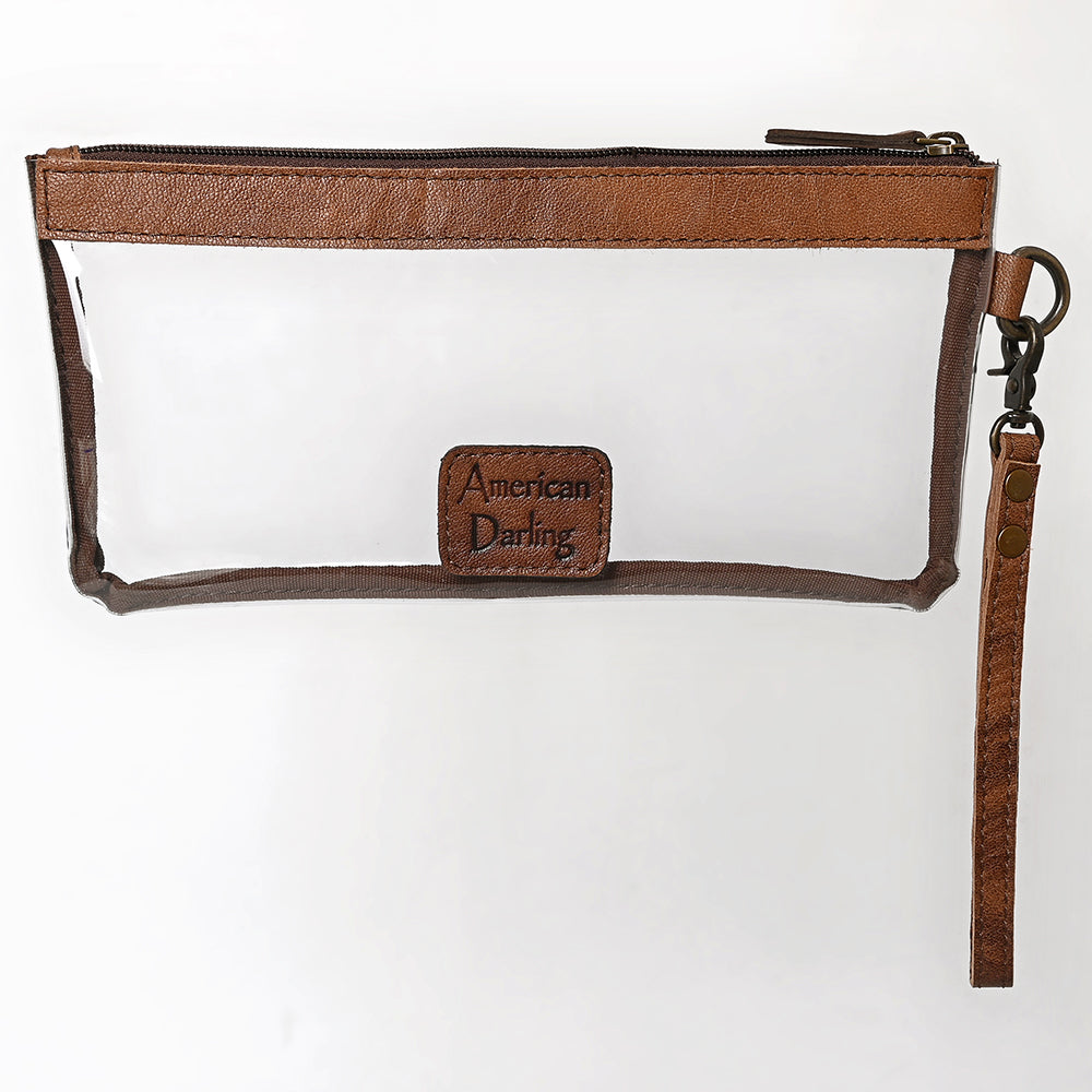 ADBG1763 Clear Wristlet Stadium Bag with Tooled Leather Trim Western Game Day Purse by American Darling
