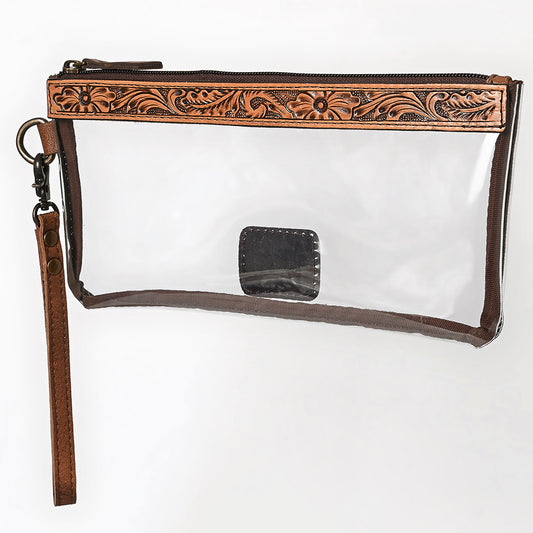 ADBG1763 Clear Wristlet Stadium Bag with Tooled Leather Trim Western Game Day Purse by American Darling
