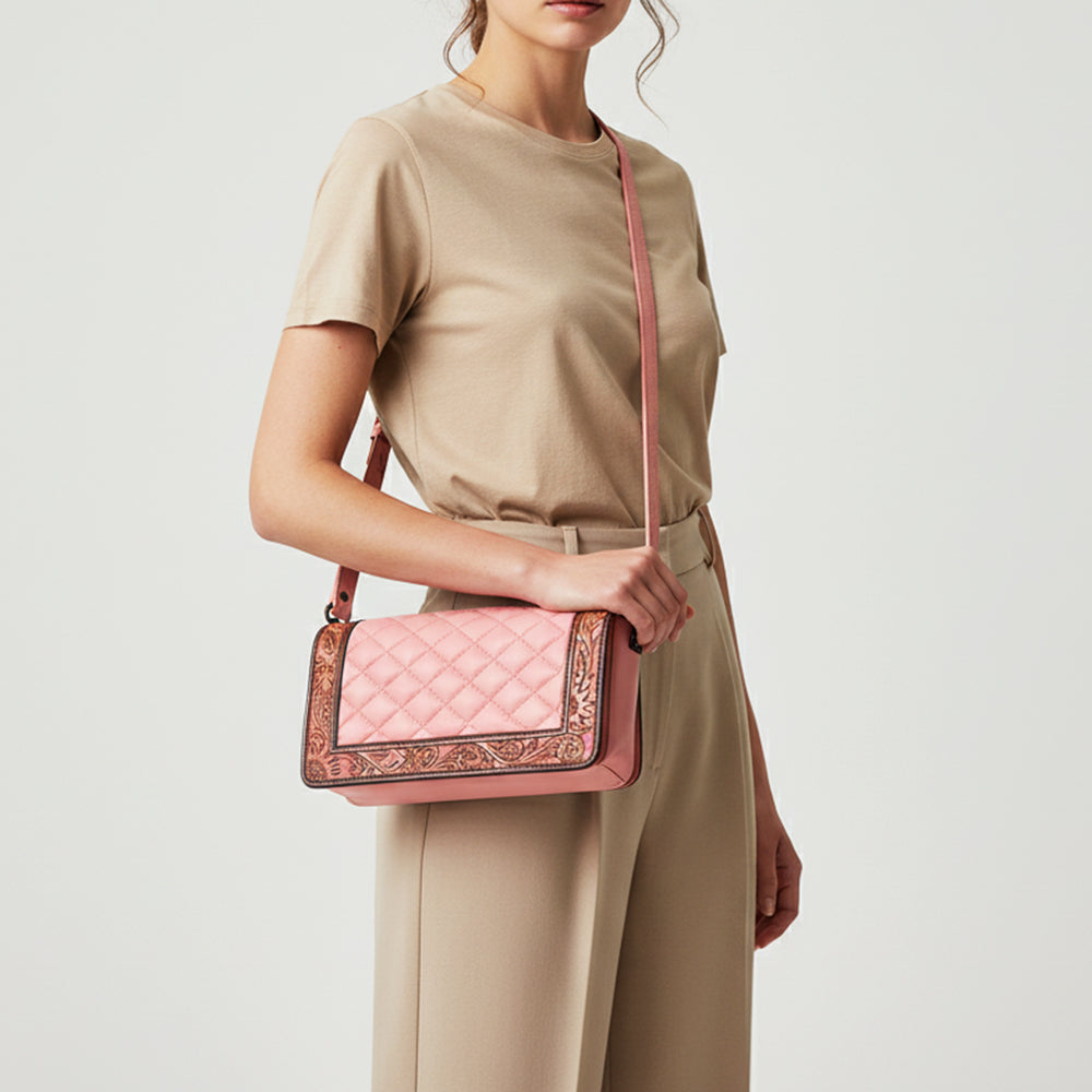 ADBG1673A Pink Quilted Leather Organiser Bag with Tooled Floral Border - American Darling