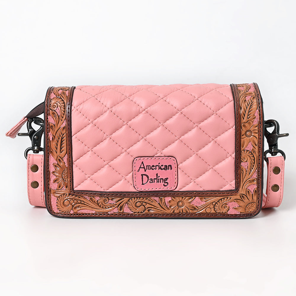 ADBG1673A Pink Quilted Leather Organiser Bag with Tooled Floral Border - American Darling