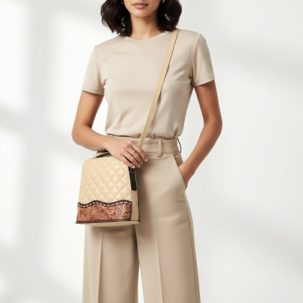ADBG1679 Quilted Leather Crossbody Bag with Floral Tooled Border - American Darling