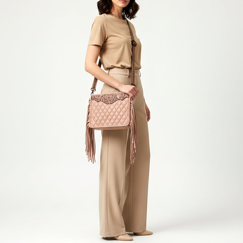 ADBG1664A Pink Quilted Crossbody Bag with Tooled Leather Strap & Fringe