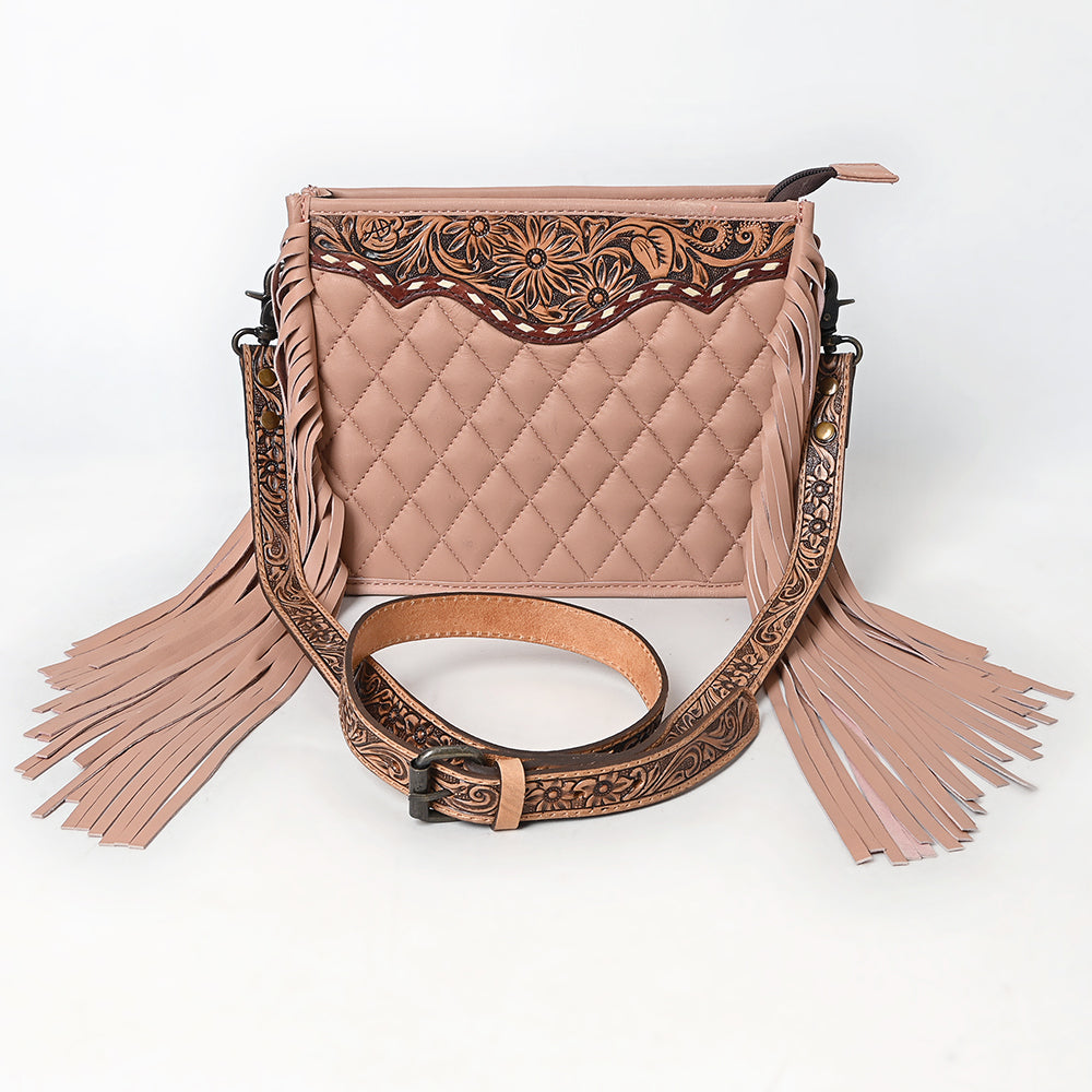 ADBG1664A Pink Quilted Crossbody Bag with Tooled Leather Strap & Fringe