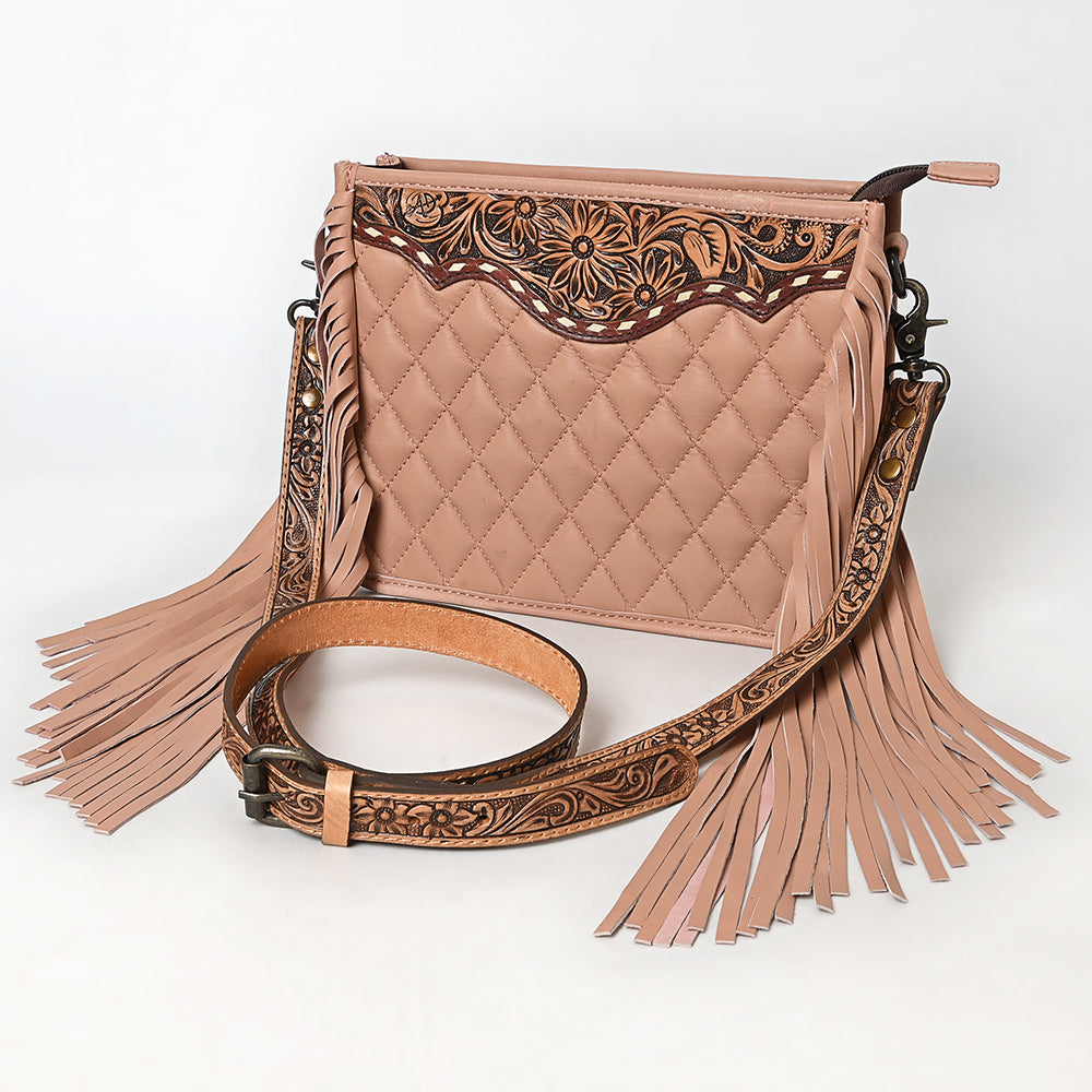 ADBG1664A Pink Quilted Crossbody Bag with Tooled Leather Strap & Fringe