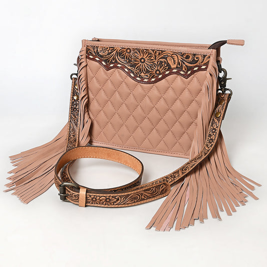 ADBG1664A Pink Quilted Crossbody Bag with Tooled Leather Strap & Fringe