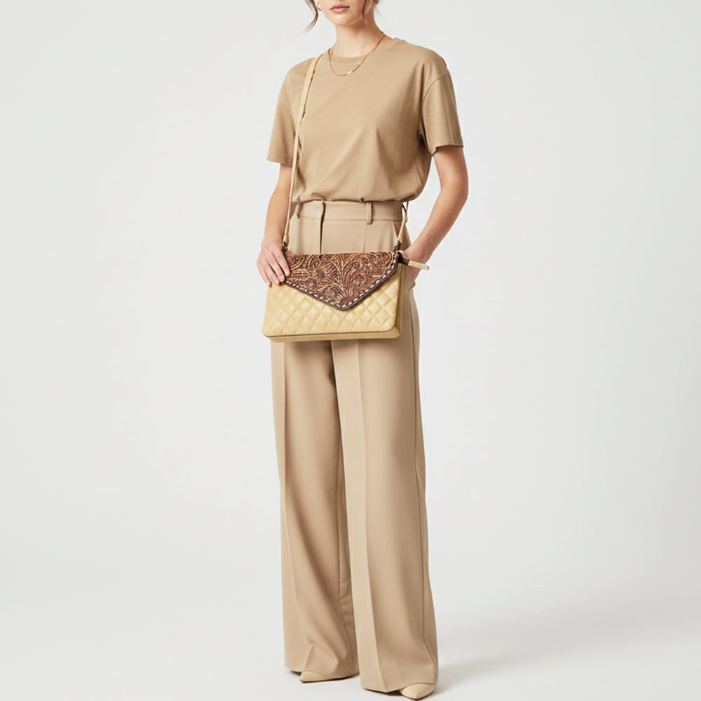 ADBG1672A Tooled Leather Tan Quilted Crossbody Wallet with Sunflower Flap - American Darling