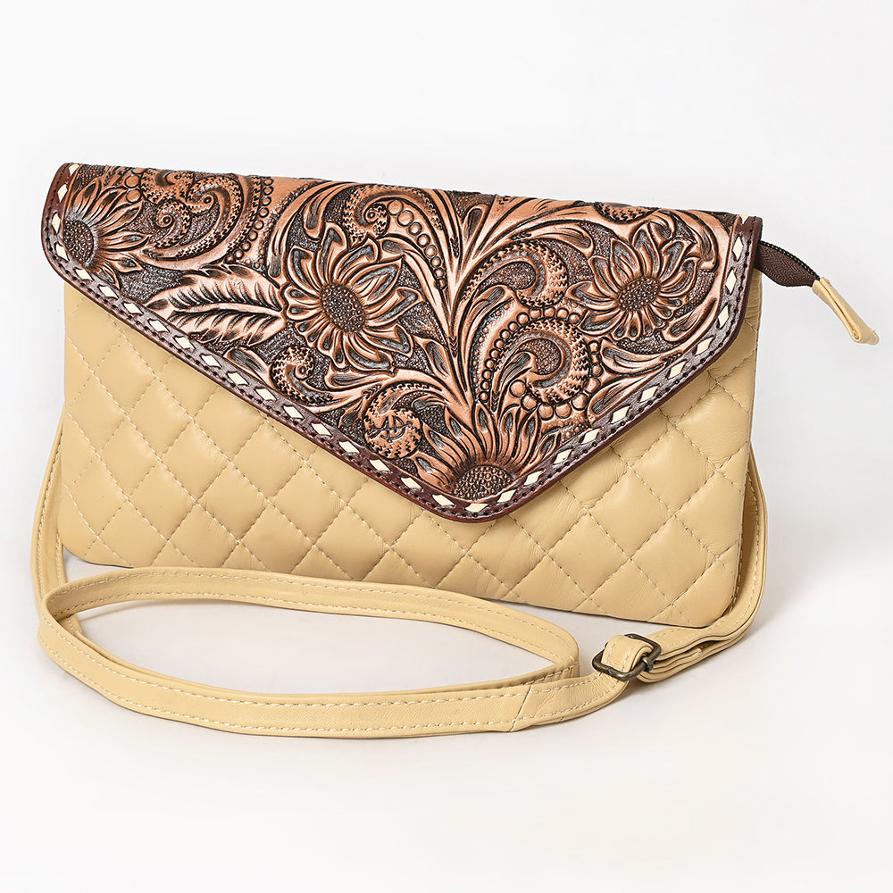 ADBG1672A Tooled Leather Tan Quilted Crossbody Wallet with Sunflower Flap - American Darling