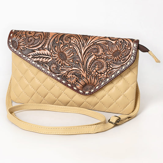ADBG1672A Tooled Leather Tan Quilted Crossbody Wallet with Sunflower Flap - American Darling
