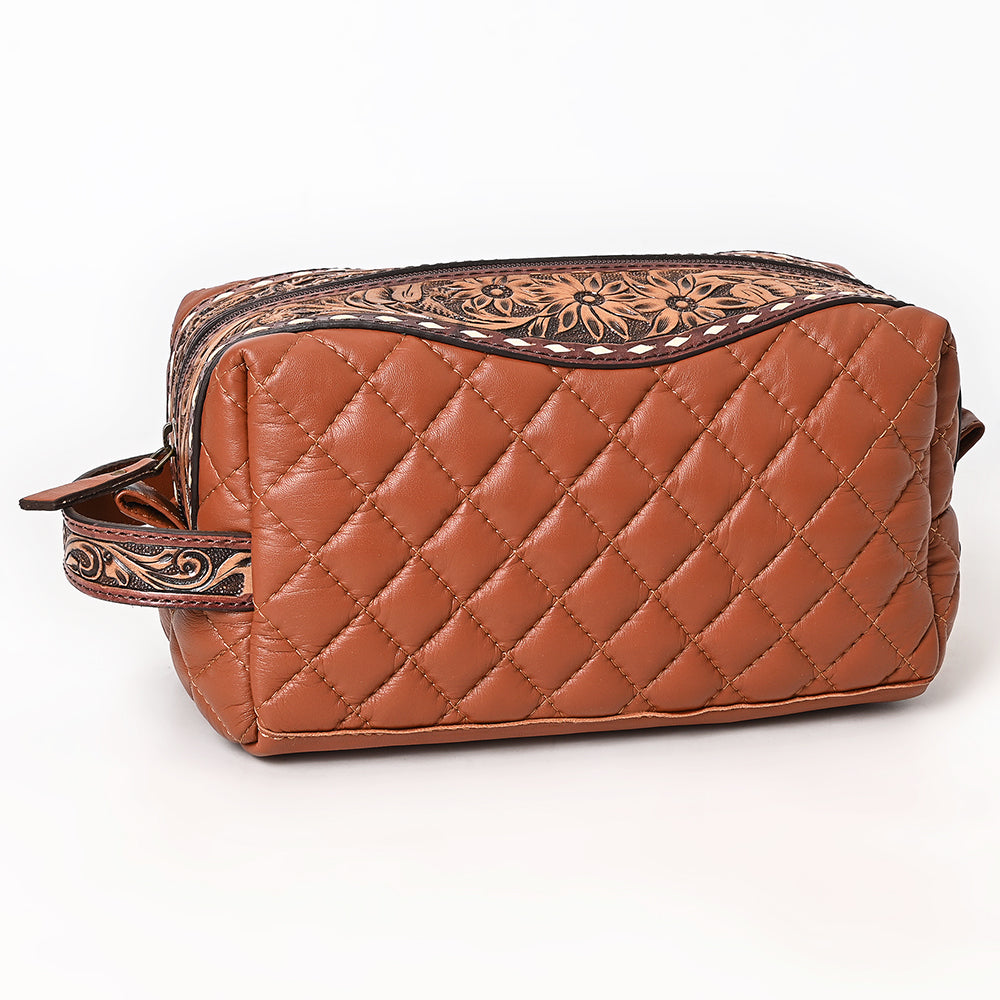 ADBG1675A Quilted Leather Dopp Kit with Tooled Floral Accents - Brown Travel Pouch by American Darling