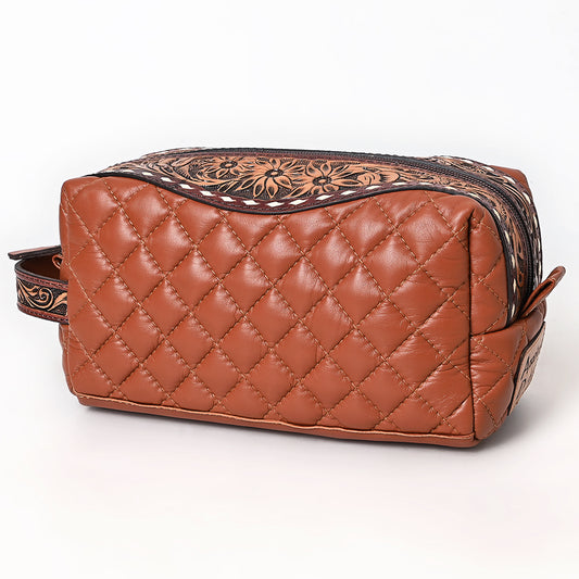 ADBG1675A Quilted Leather Dopp Kit with Tooled Floral Accents - Brown Travel Pouch by American Darling
