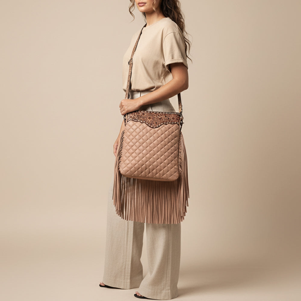 ADBG1682A Tan Quilted Leather Fringe Crossbody Bag with Tooled Floral Yoke - American Darling