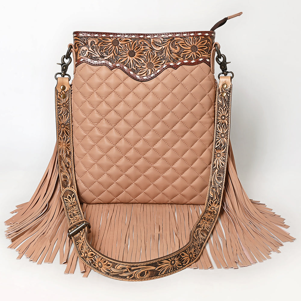 ADBG1682A Tan Quilted Leather Fringe Crossbody Bag with Tooled Floral Yoke - American Darling