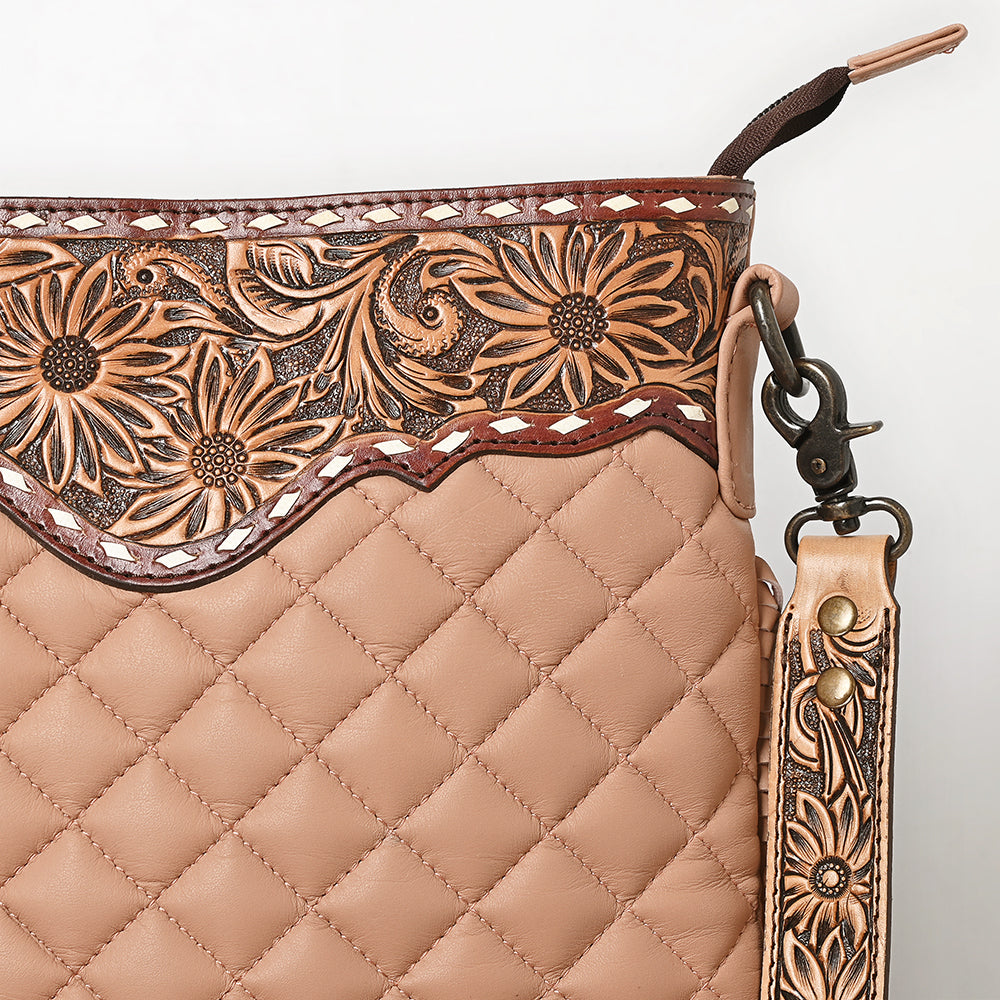 ADBG1682A Tan Quilted Leather Fringe Crossbody Bag with Tooled Floral Yoke - American Darling