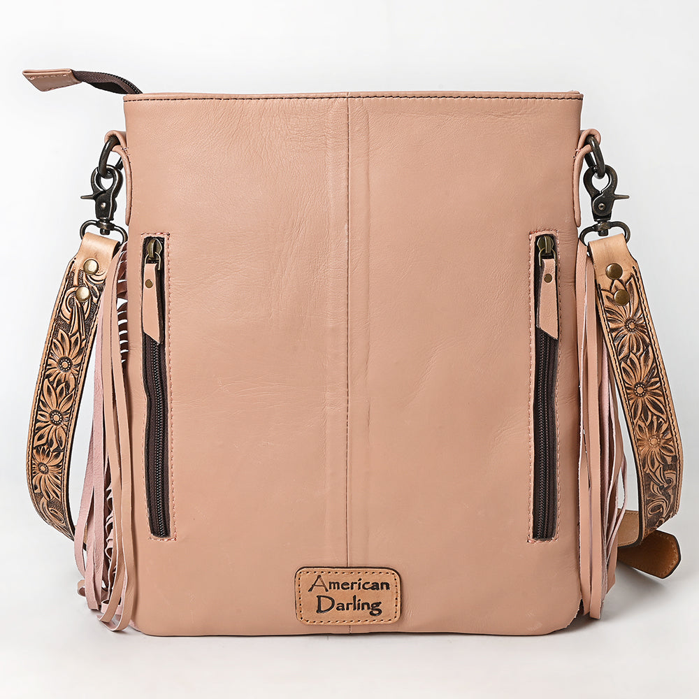 ADBG1682A Tan Quilted Leather Fringe Crossbody Bag with Tooled Floral Yoke - American Darling