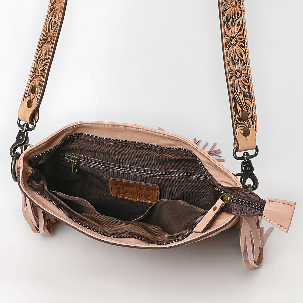 ADBG1682A Tan Quilted Leather Fringe Crossbody Bag with Tooled Floral Yoke - American Darling