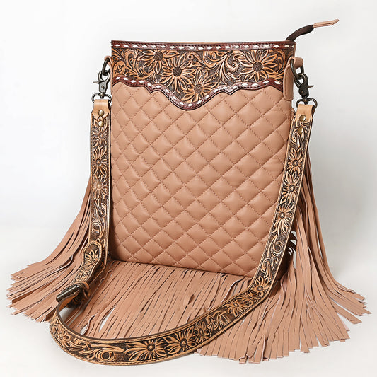 ADBG1682A Tan Quilted Leather Fringe Crossbody Bag with Tooled Floral Yoke - American Darling