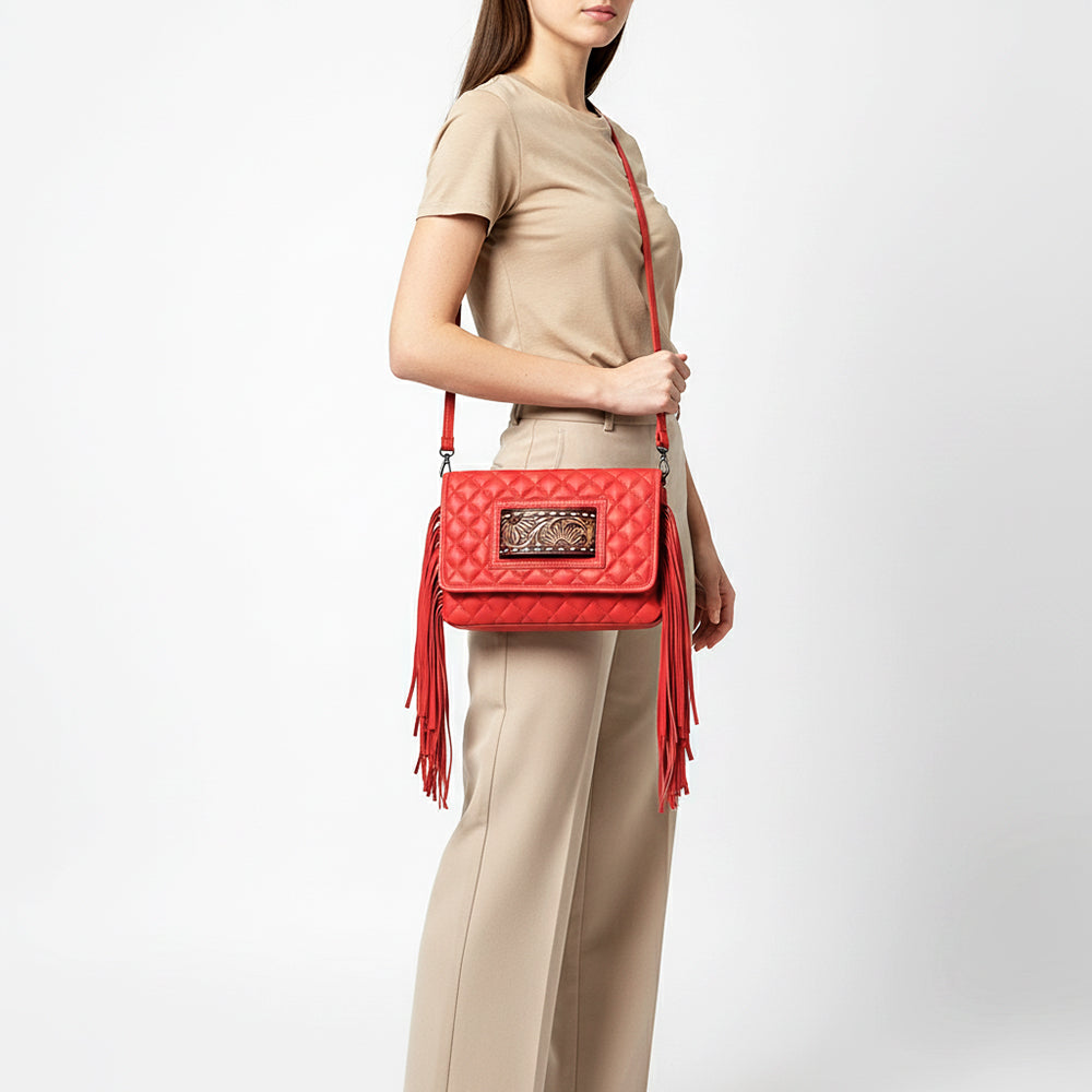 ADBG1665A Red Quilted Wallet Bag with Tooled Leather Patch & Fringe