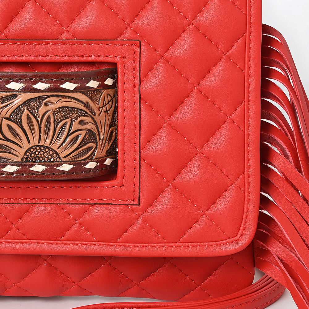 ADBG1665A Red Quilted Wallet Bag with Tooled Leather Patch & Fringe