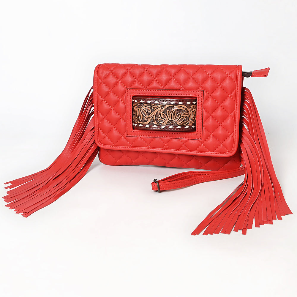 ADBG1665A Red Quilted Wallet Bag with Tooled Leather Patch & Fringe
